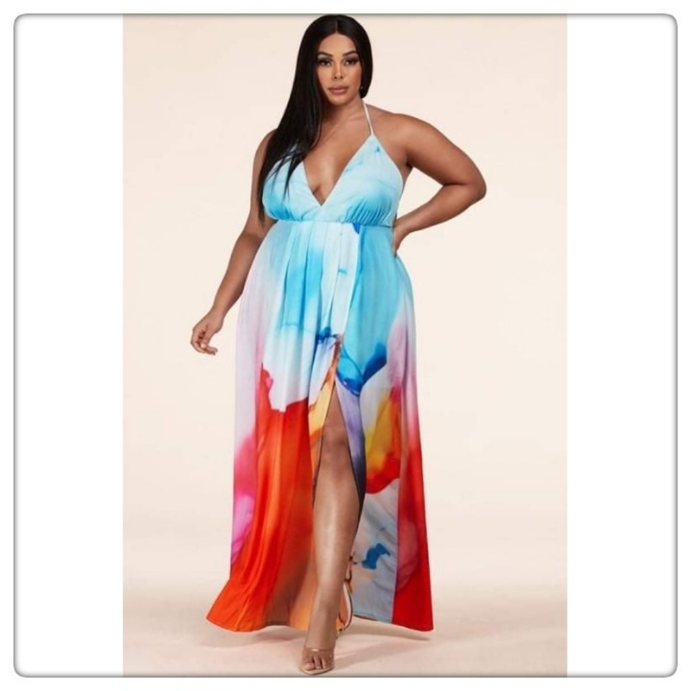 New Plus Size Water Color Print Dress 2X